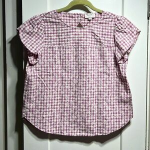 Loft EUC lightweight gingham petal-sleeve top